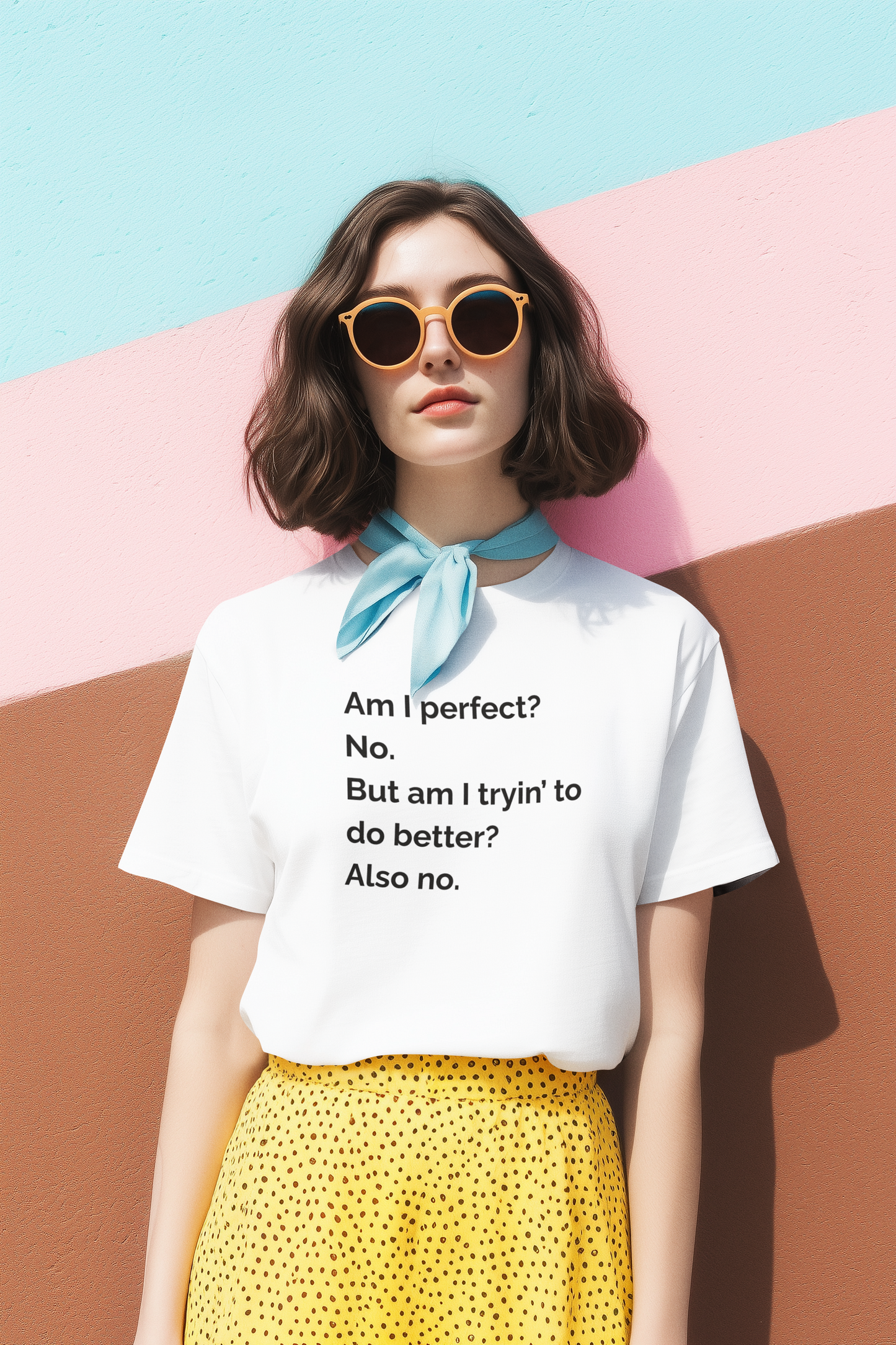 Women's Am I perfect? No. But am I tryin’ to do better? Also no. White Tee
