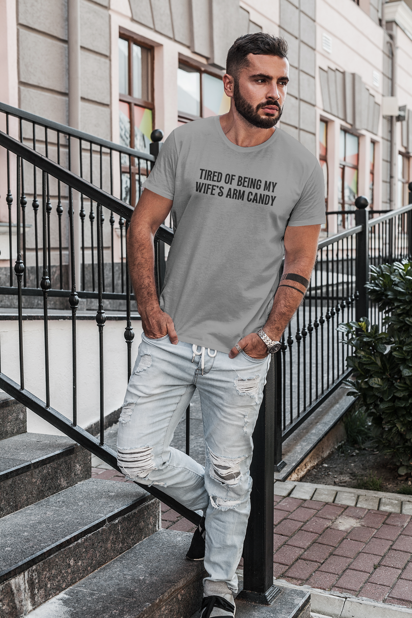 Men's Tired Of Being My Wife's Arm Candy Grey T-Shirt