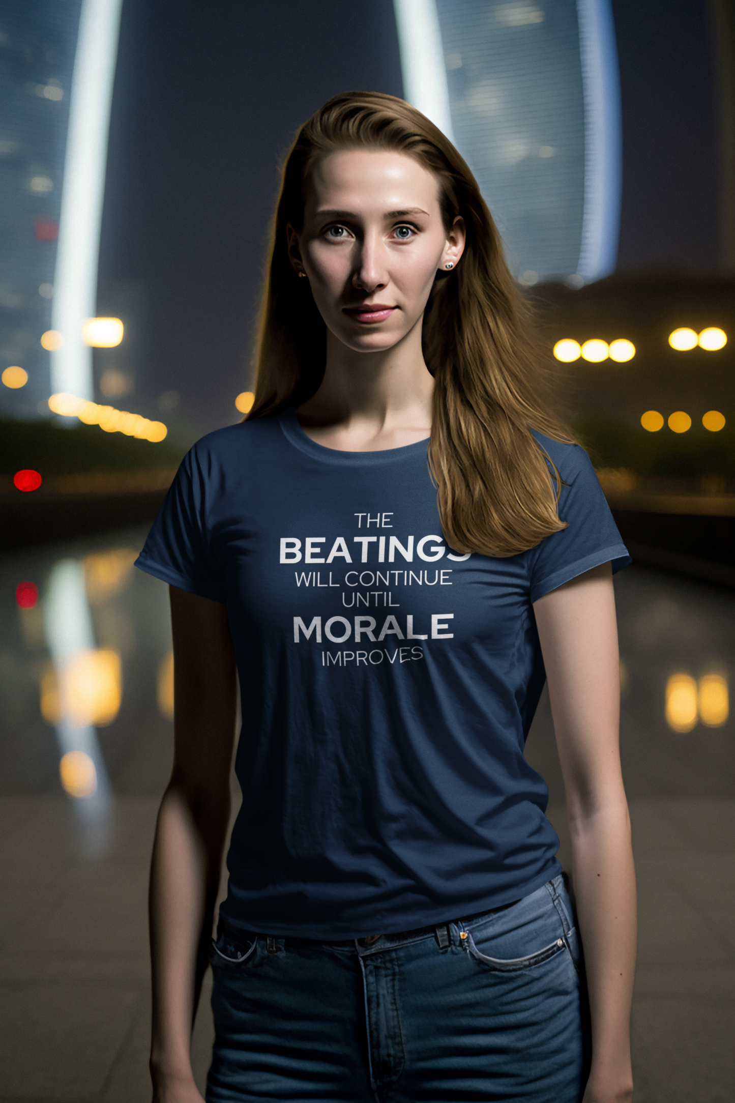 Women's The Beatings Will Continue Until Morale Improves Blue T-Shirt