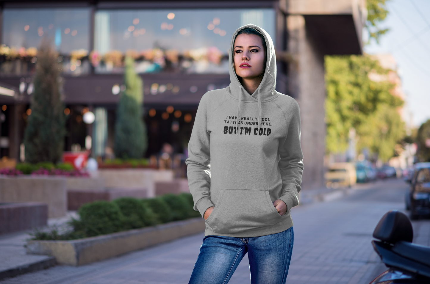 Women's I Have Really Cool Tattoos Under Here But I'm Cold Grey Hoodie