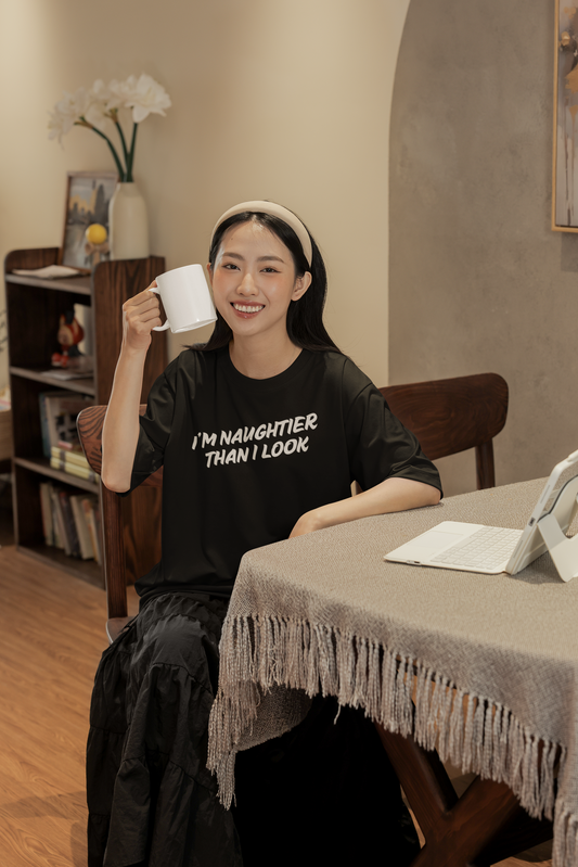 Women's I'm Naughtier Than I Look Black T-Shirt