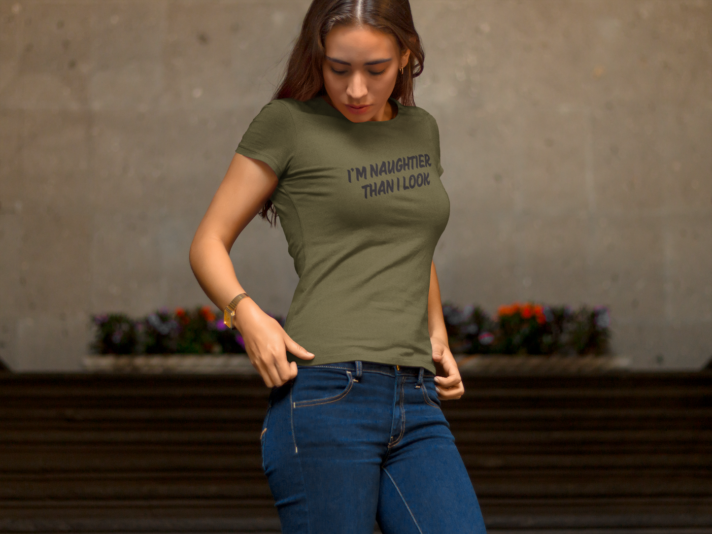 Women's I'm Naughtier Than I Look Green T-Shirt
