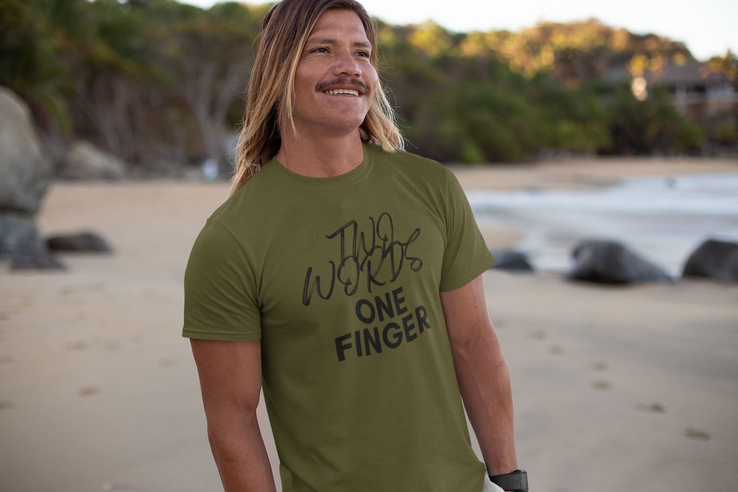 Men's Two Words One Finger Green T-Shirt