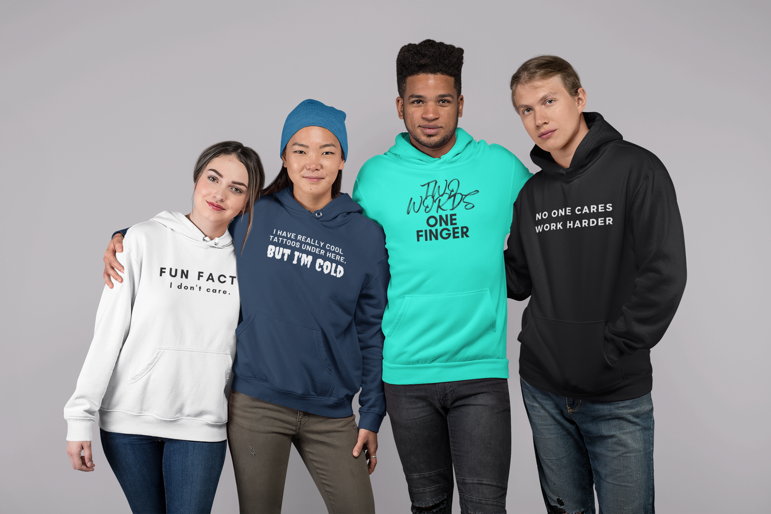 Friends wearing funny hoodies from Smart Ass Shirts