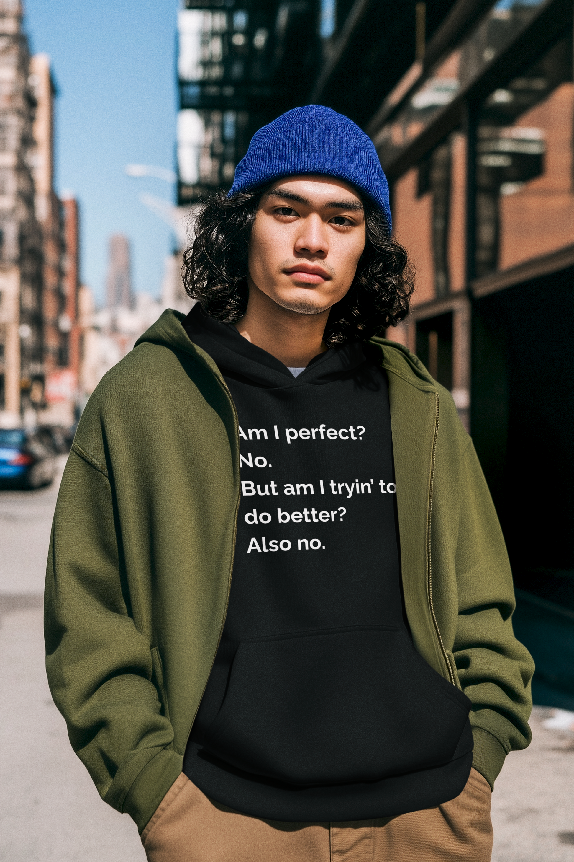 Men's Am I perfect? No. But am I tryin’ to do better? Also no. Black Hoodie