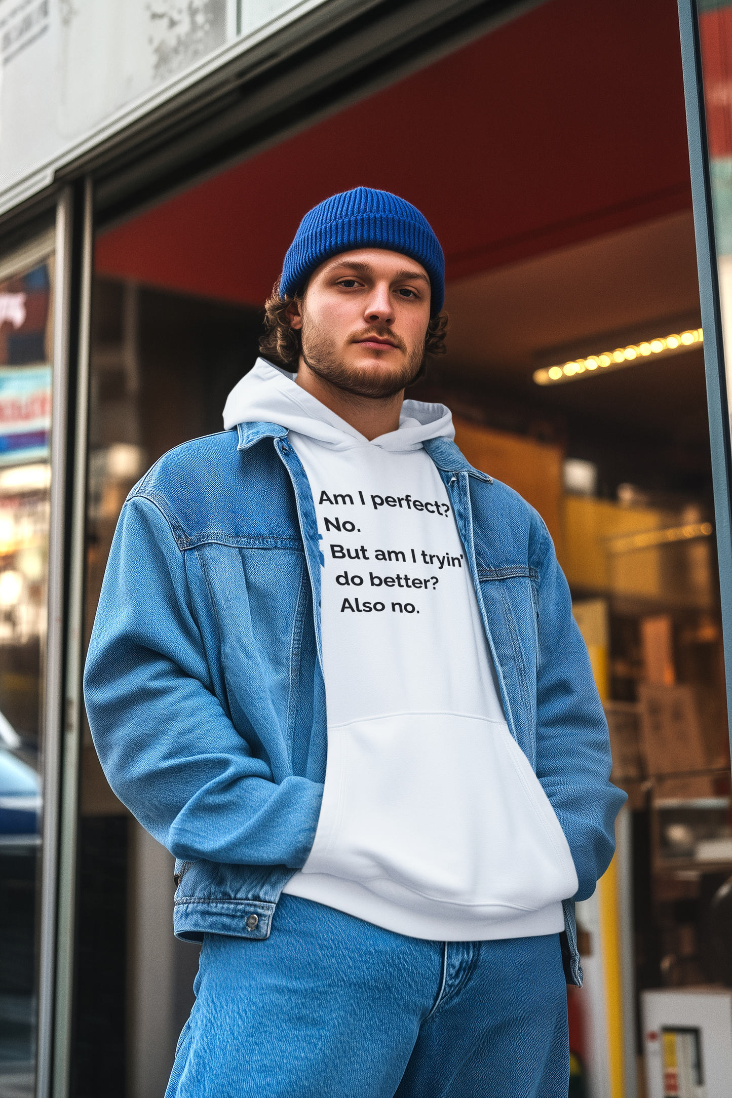 Men's Am I perfect? No. But am I tryin’ to do better? Also no. White Hoodie