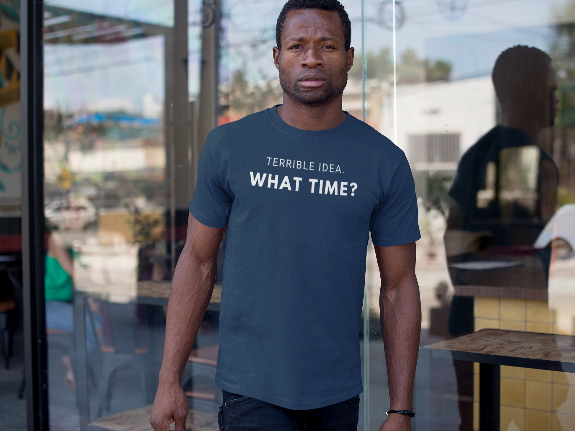 Men's Terrible Idea.  What Time?  Blue T-Shirt